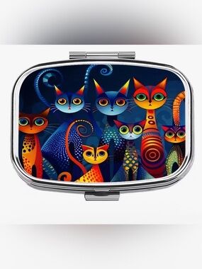 Unique Cat Pattern, Metal Purse Size, 2 Compartment Medicine Pill Box. New.